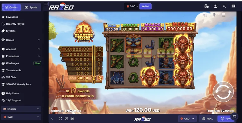 Razed Casino bonus interface